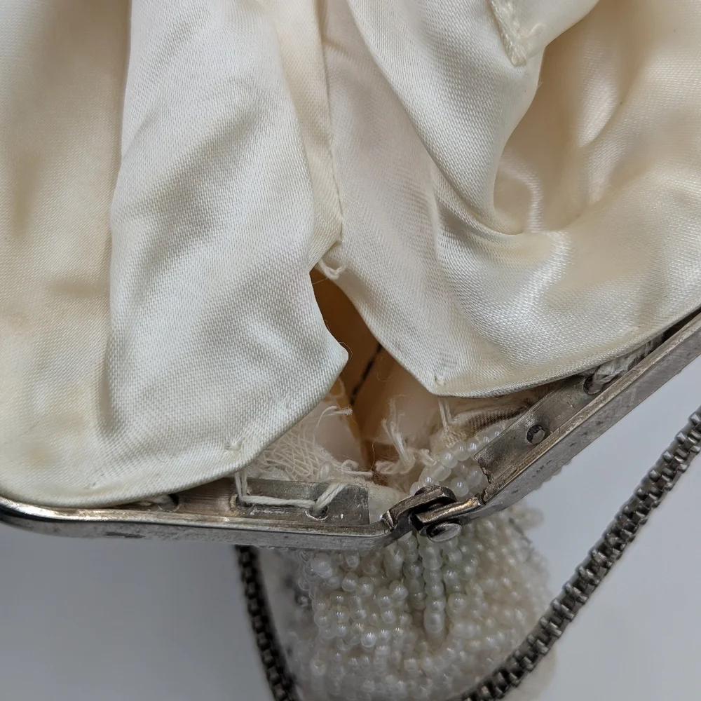 Vintage Handmade Beaded Evening Bag Clutch Purse Coquette Glam Cream White Retro